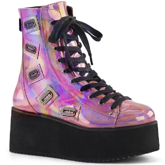 Demonia Shoes Demonia Womens Grip3 Pink Holographic 275 Chunky